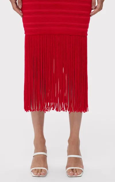 RED TEXTURED CHENILLE FRINGE MIDI DRESS Gloria Lanvin