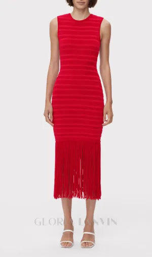 RED TEXTURED CHENILLE FRINGE MIDI DRESS Gloria Lanvin