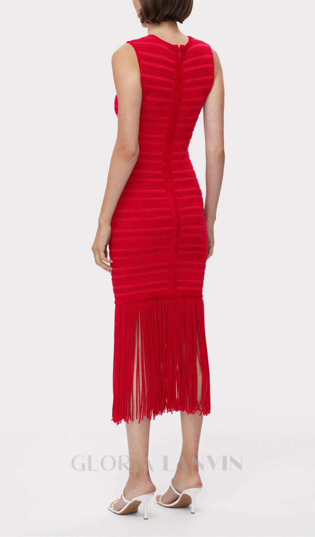 RED TEXTURED CHENILLE FRINGE MIDI DRESS Gloria Lanvin