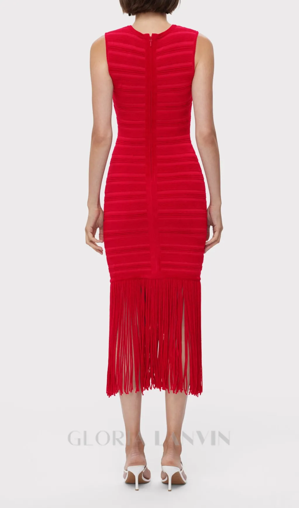 RED TEXTURED CHENILLE FRINGE MIDI DRESS Gloria Lanvin