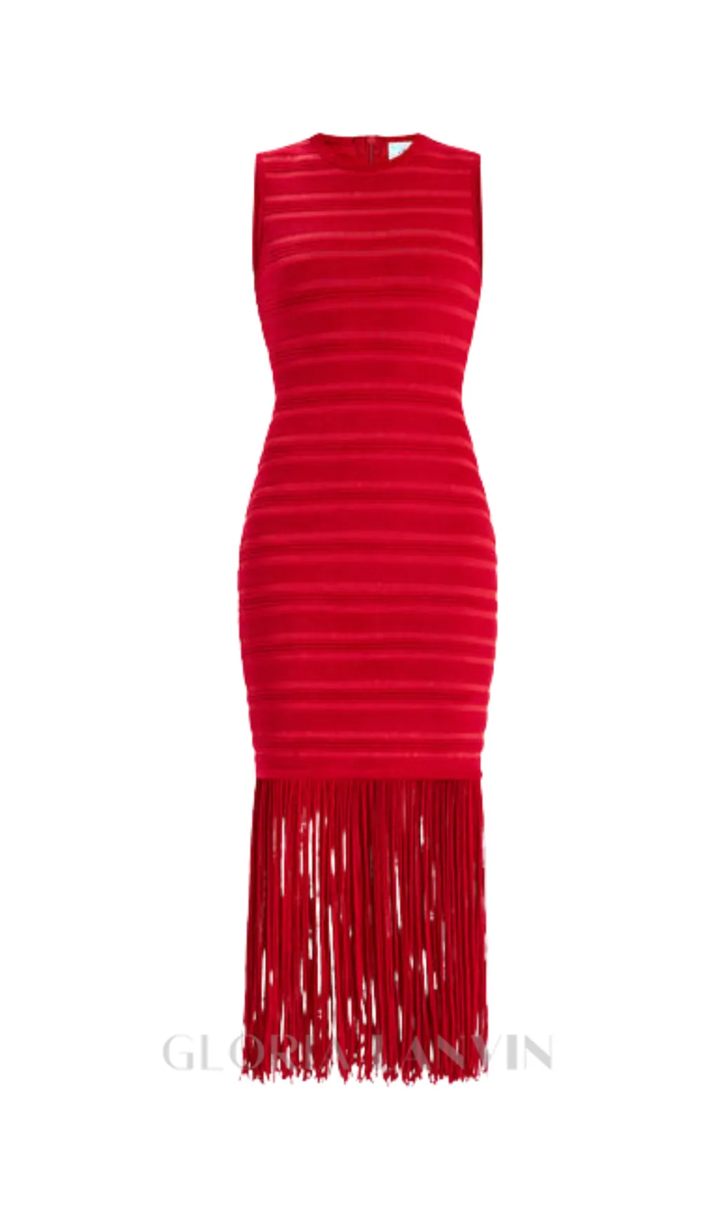 RED TEXTURED CHENILLE FRINGE MIDI DRESS Gloria Lanvin