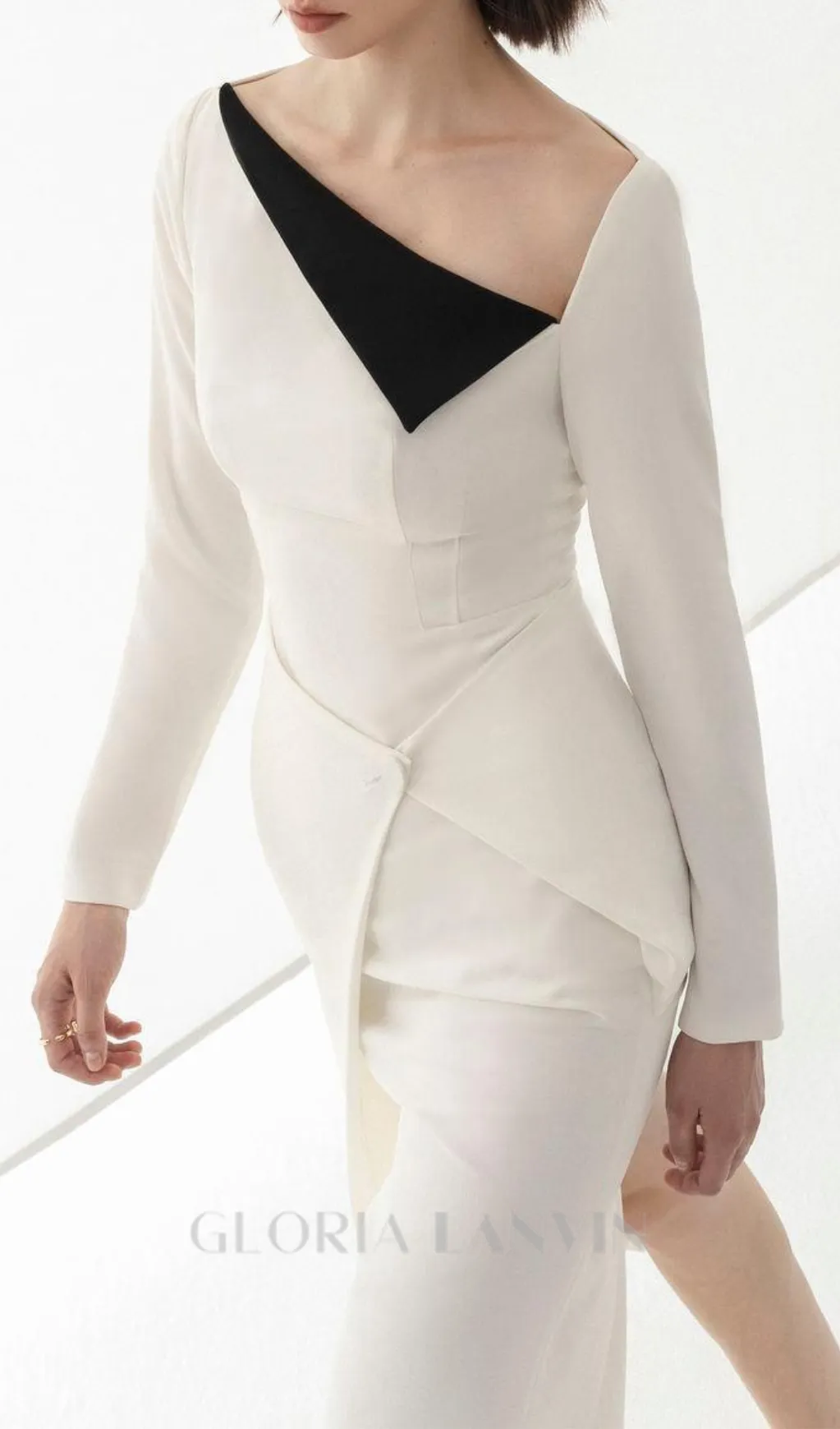 REGINA WHITE ASYMMETRIC NECK POLYCOTTON SHEATH MIDI DRESS Gloria Lanvin