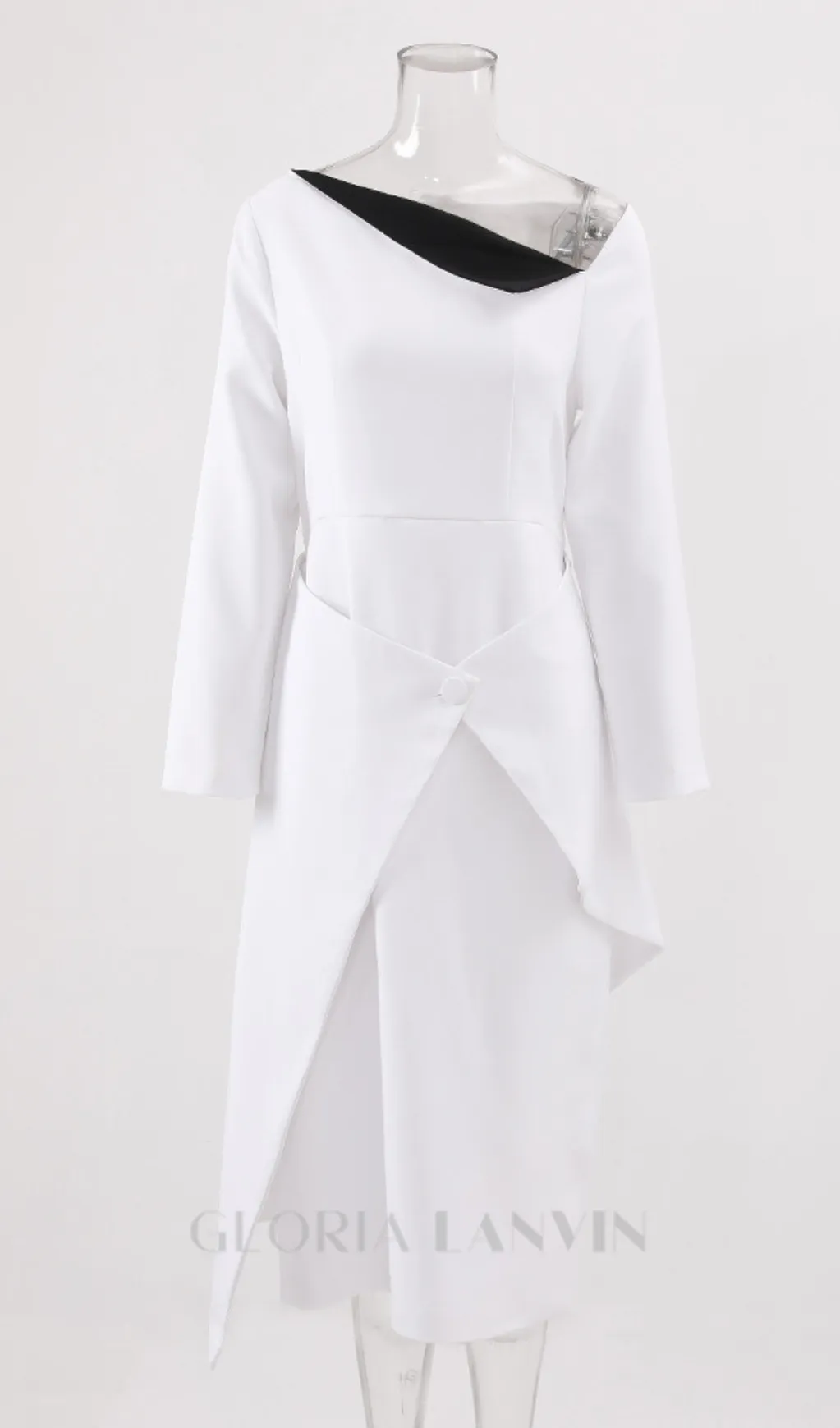 REGINA WHITE ASYMMETRIC NECK POLYCOTTON SHEATH MIDI DRESS Gloria Lanvin