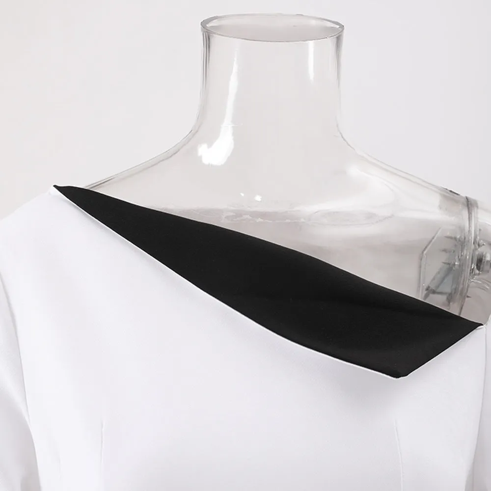 REGINA WHITE ASYMMETRIC NECK POLYCOTTON SHEATH MIDI DRESS Gloria Lanvin