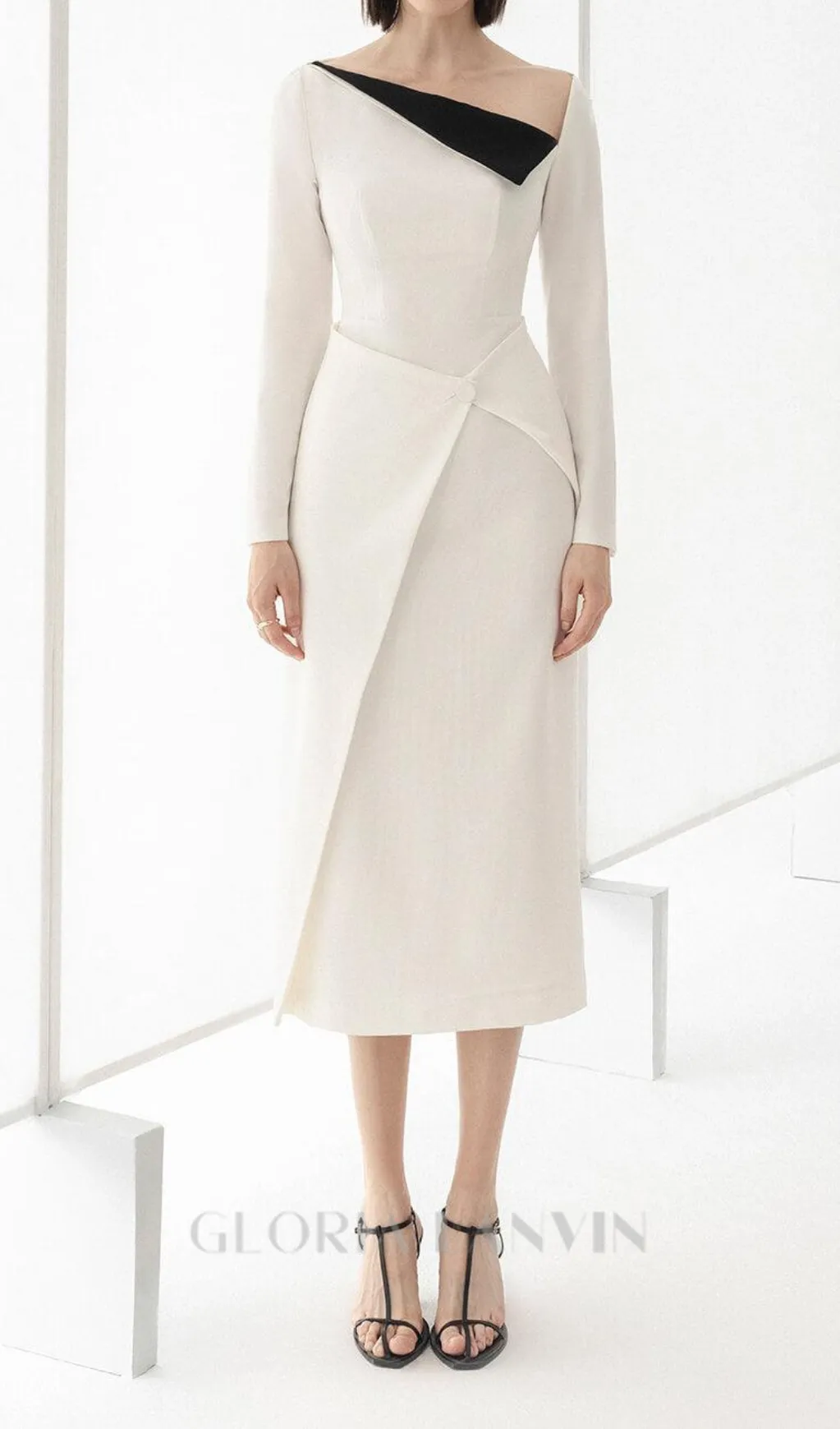 REGINA WHITE ASYMMETRIC NECK POLYCOTTON SHEATH MIDI DRESS Gloria Lanvin