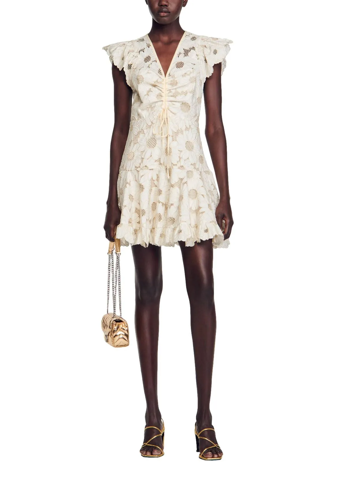 RENATA DAISY GUIPURE V NECK MINI DRESS Gloria Lanvin