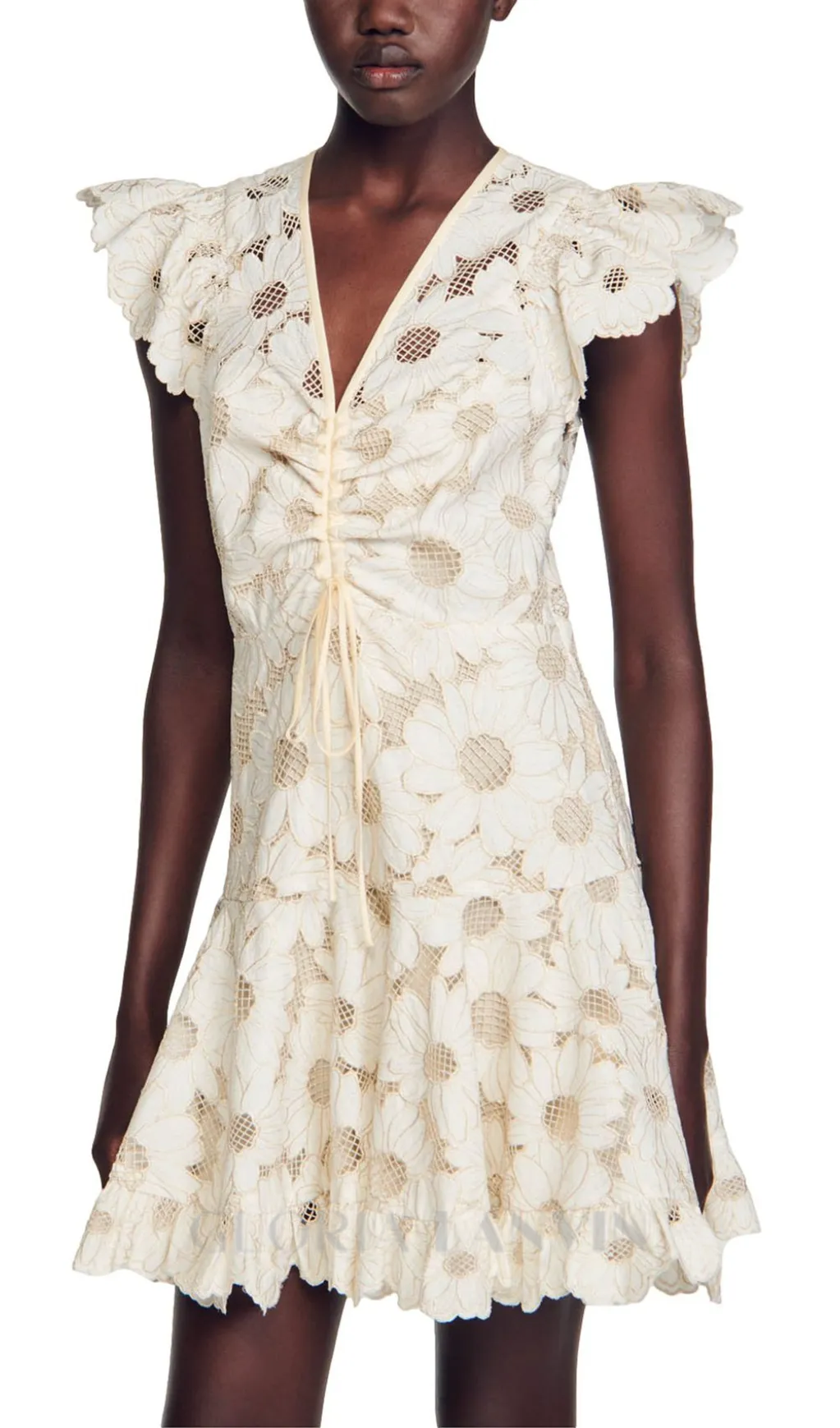 RENATA DAISY GUIPURE V NECK MINI DRESS Gloria Lanvin