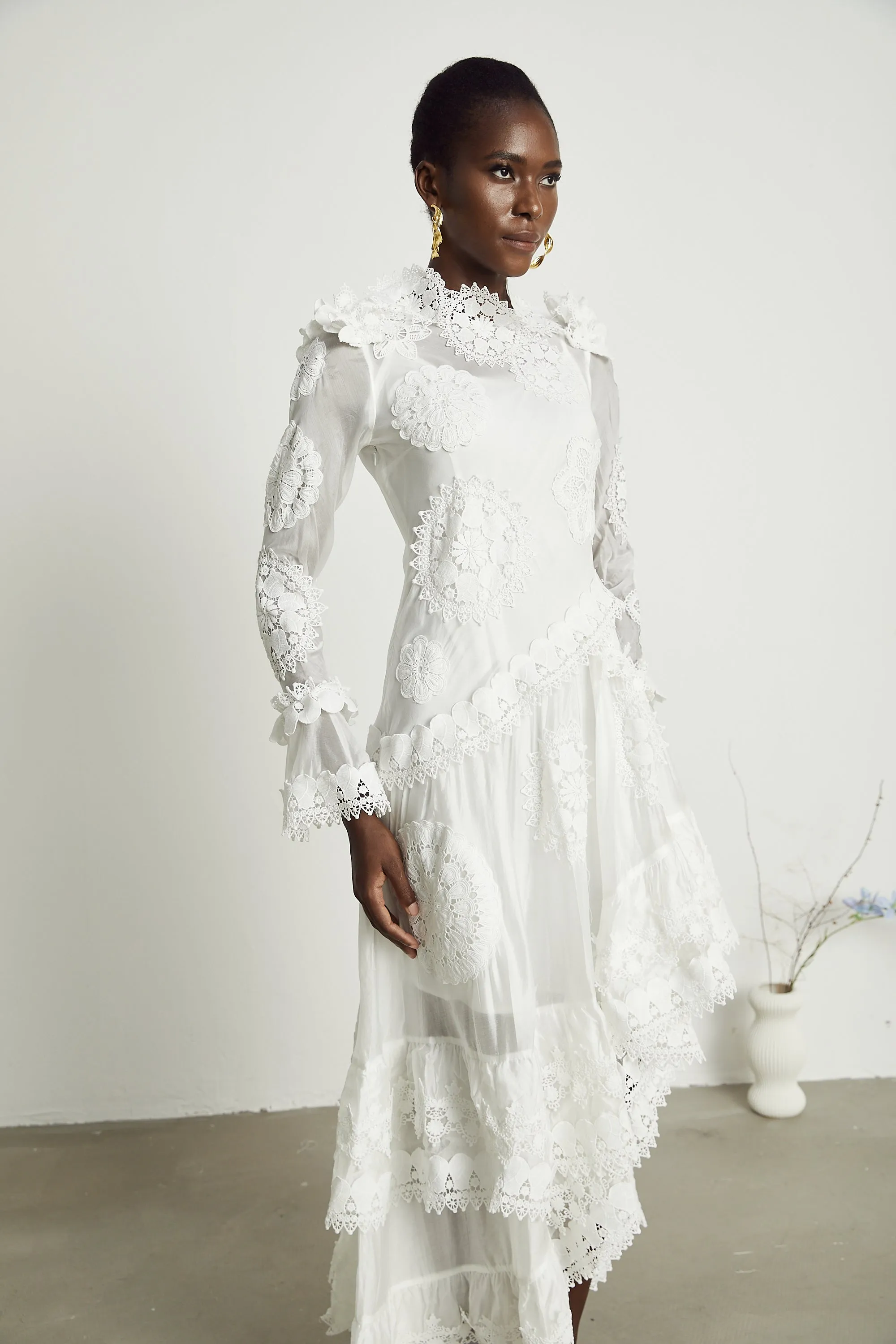 Rene lace floral embroidered semi-sheer midi dress Gloria Lanvin