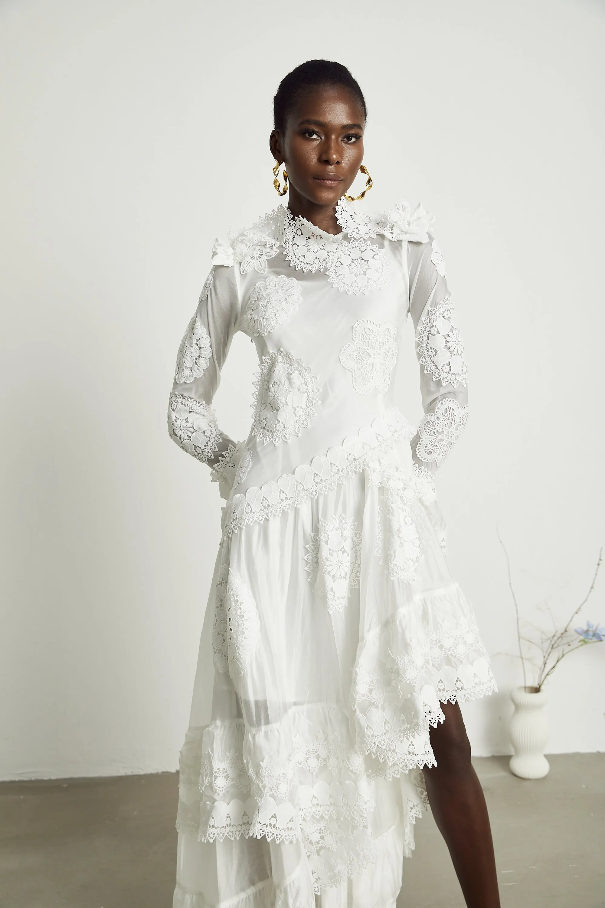 Rene lace floral embroidered semi-sheer midi dress Gloria Lanvin