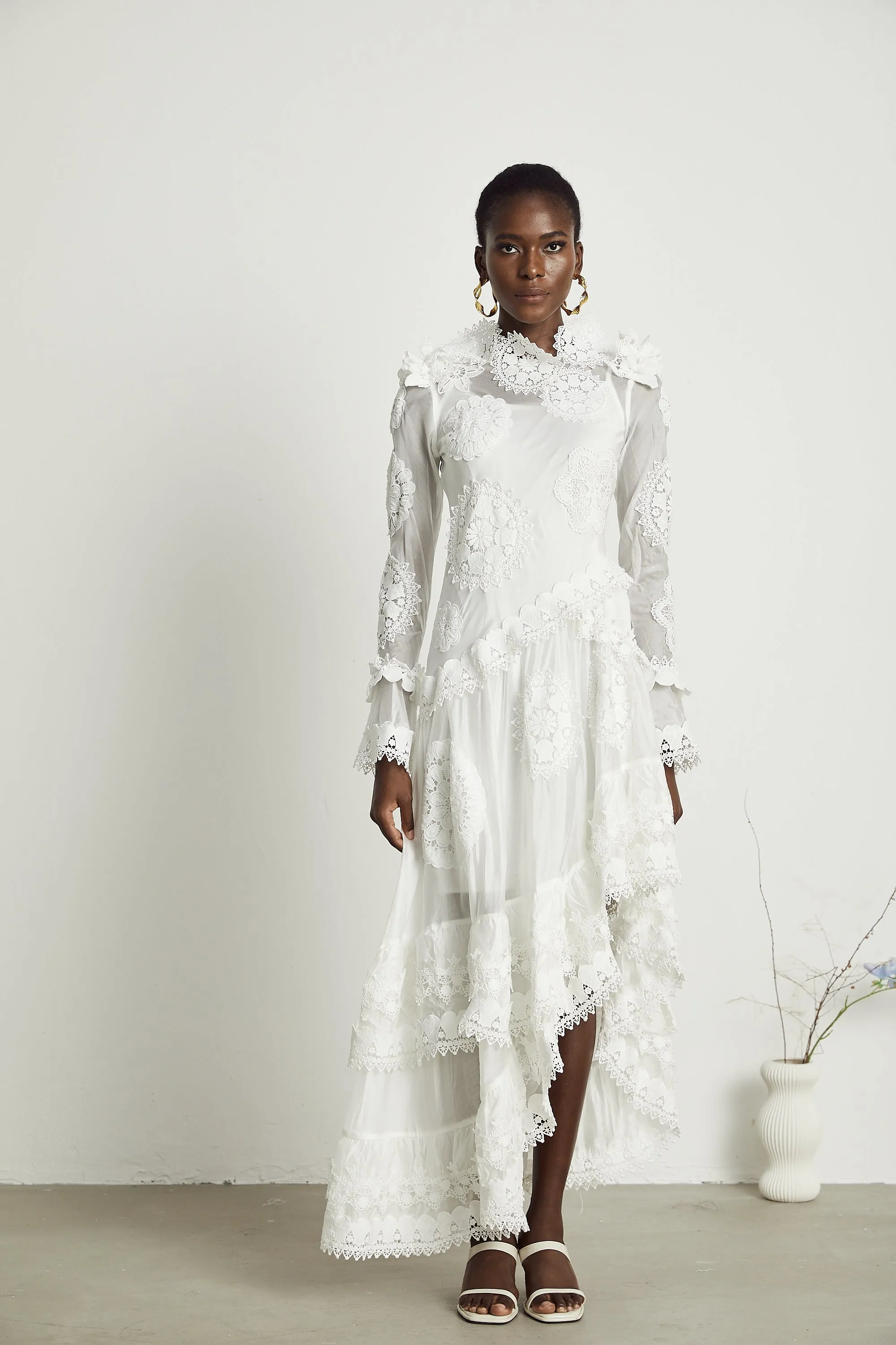 Rene lace floral embroidered semi-sheer midi dress Gloria Lanvin