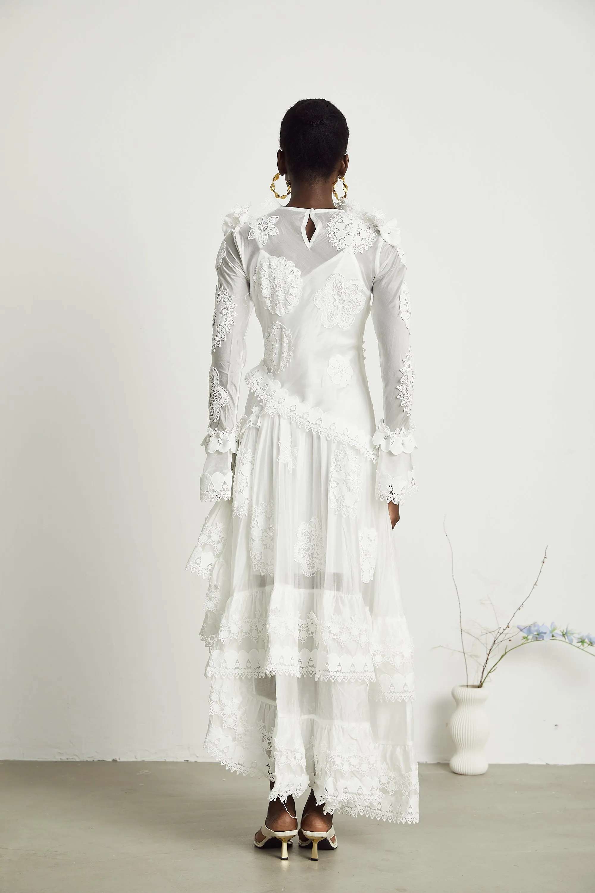 Rene lace floral embroidered semi-sheer midi dress Gloria Lanvin