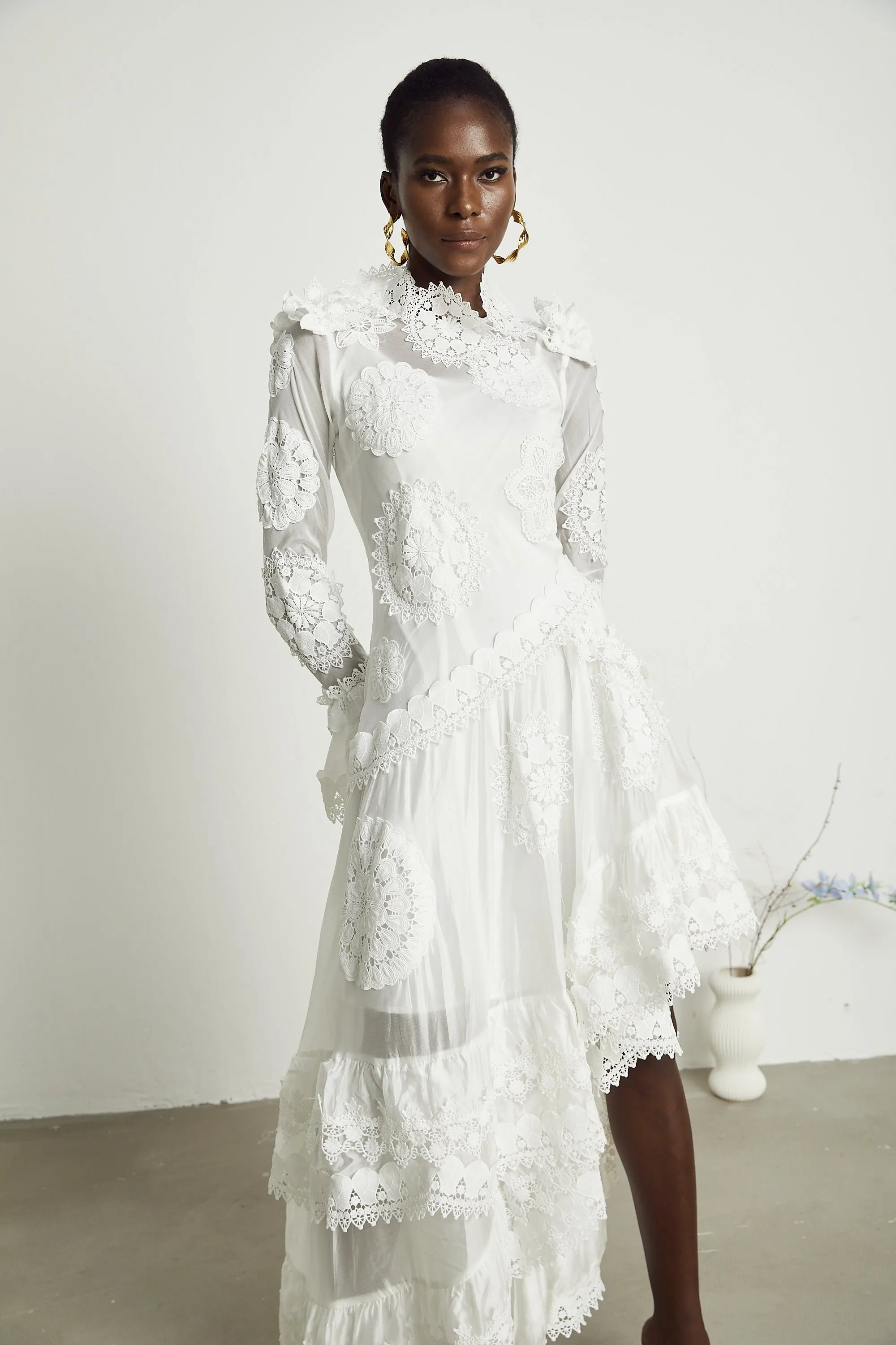 Rene lace floral embroidered semi-sheer midi dress Gloria Lanvin