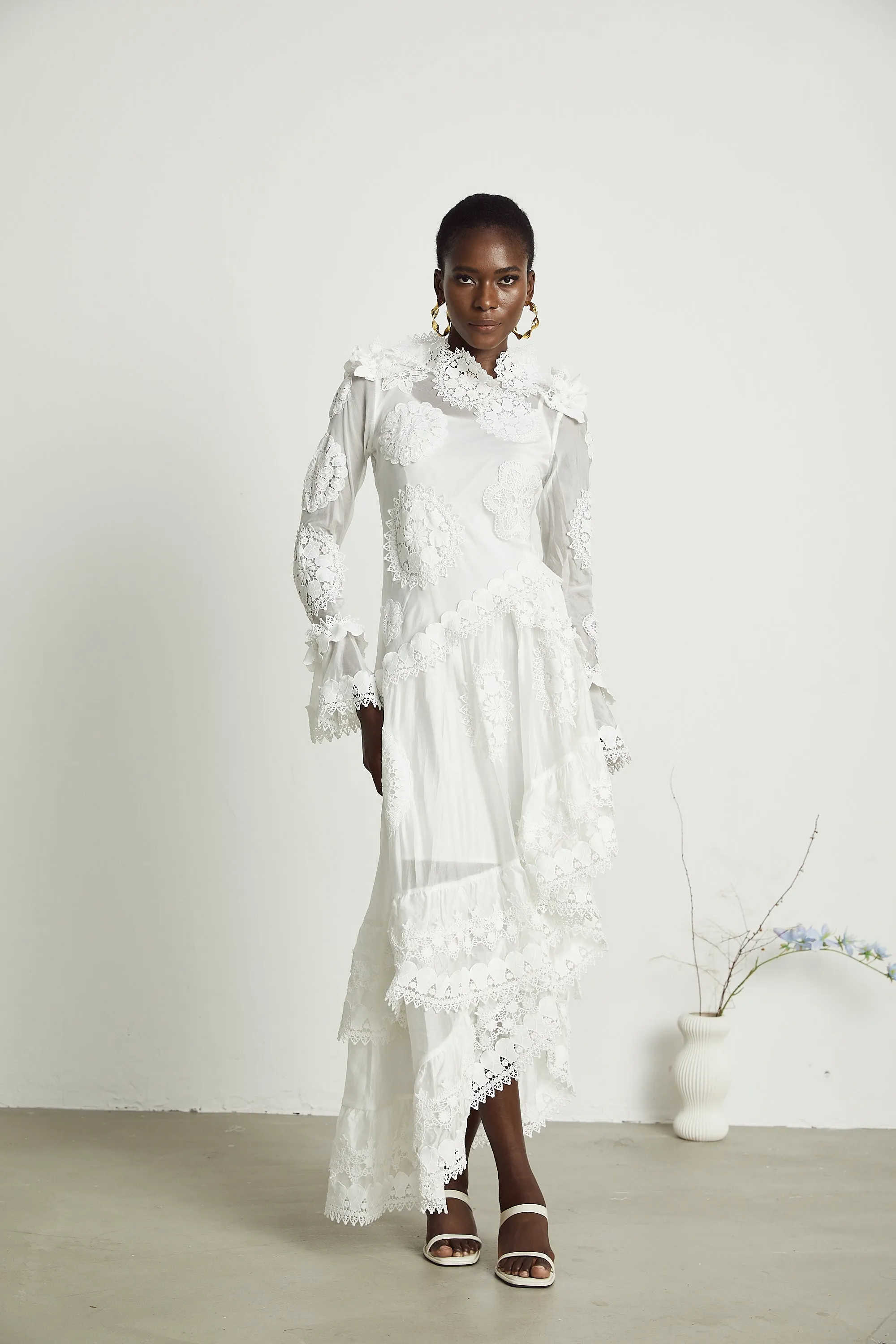 Rene lace floral embroidered semi-sheer midi dress Gloria Lanvin