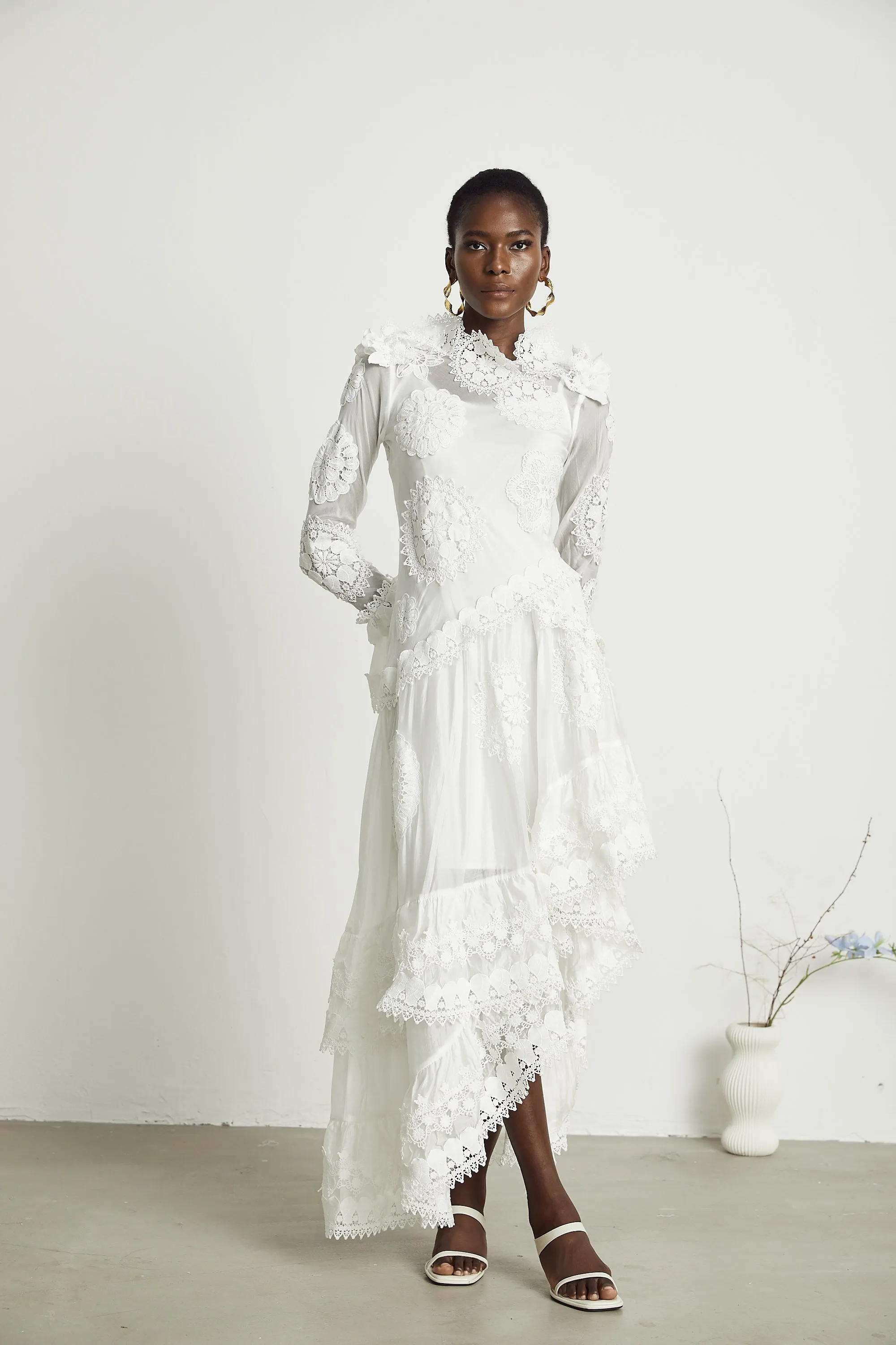 Rene lace floral embroidered semi-sheer midi dress Gloria Lanvin