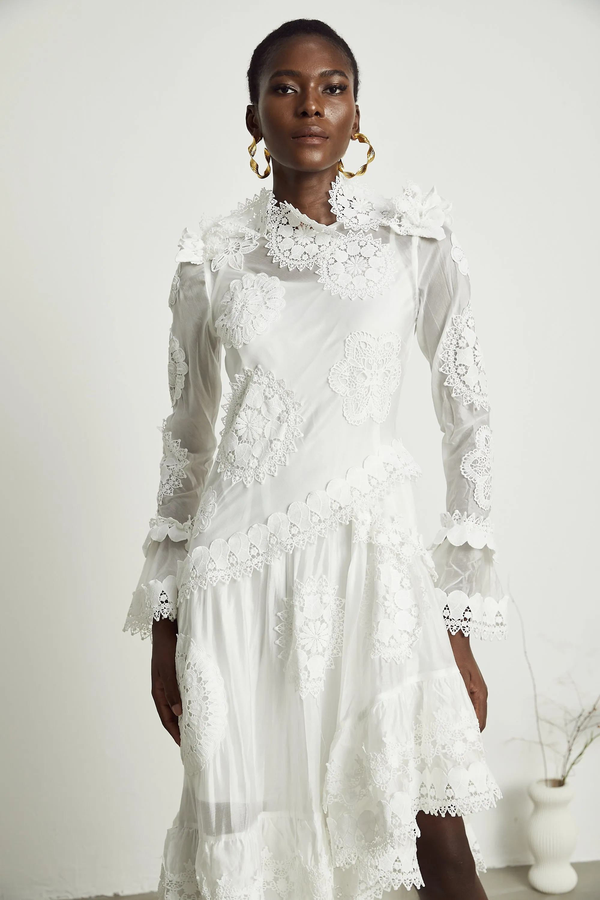 Rene lace floral embroidered semi-sheer midi dress Gloria Lanvin