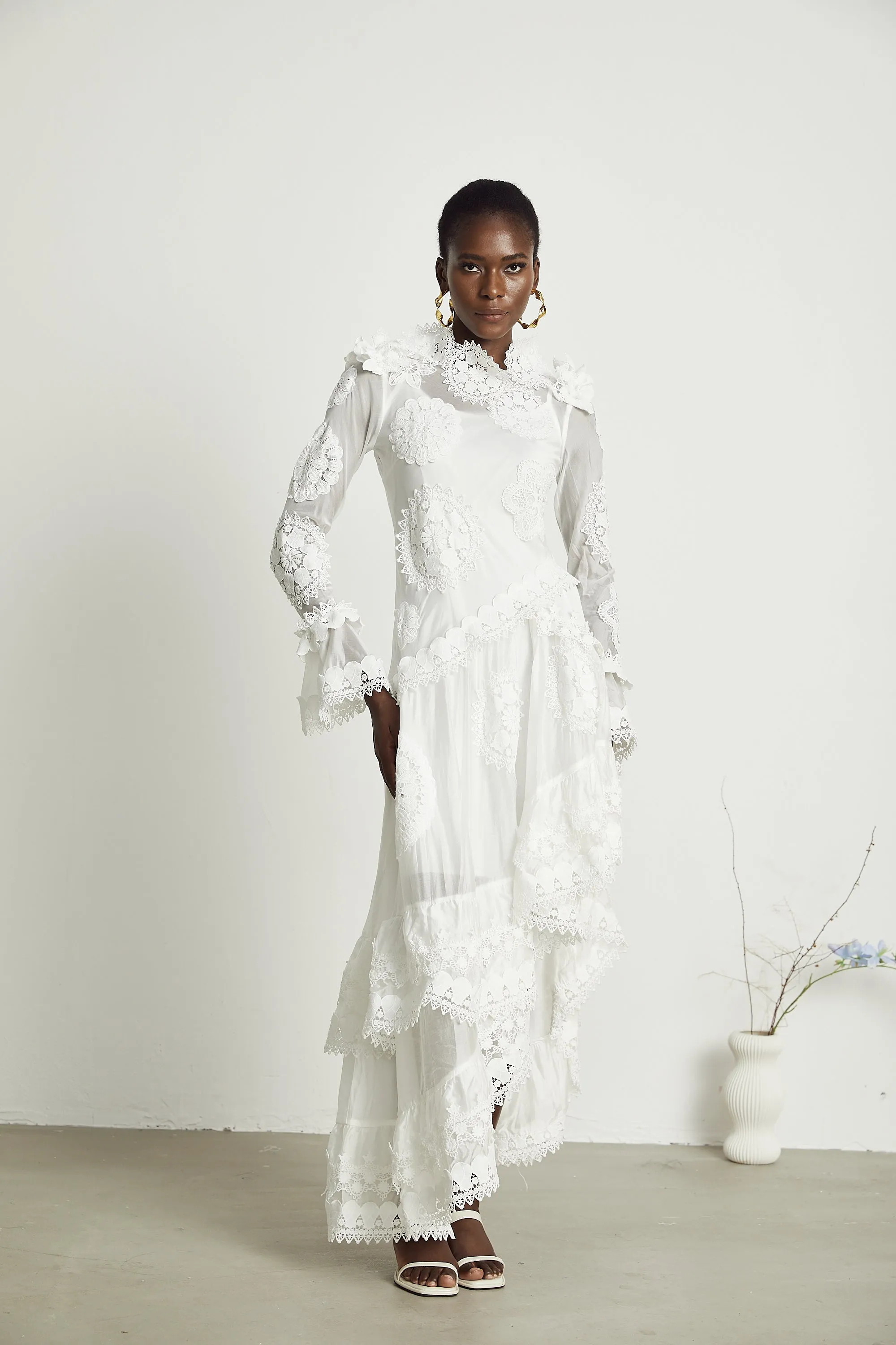 Rene lace floral embroidered semi-sheer midi dress Gloria Lanvin