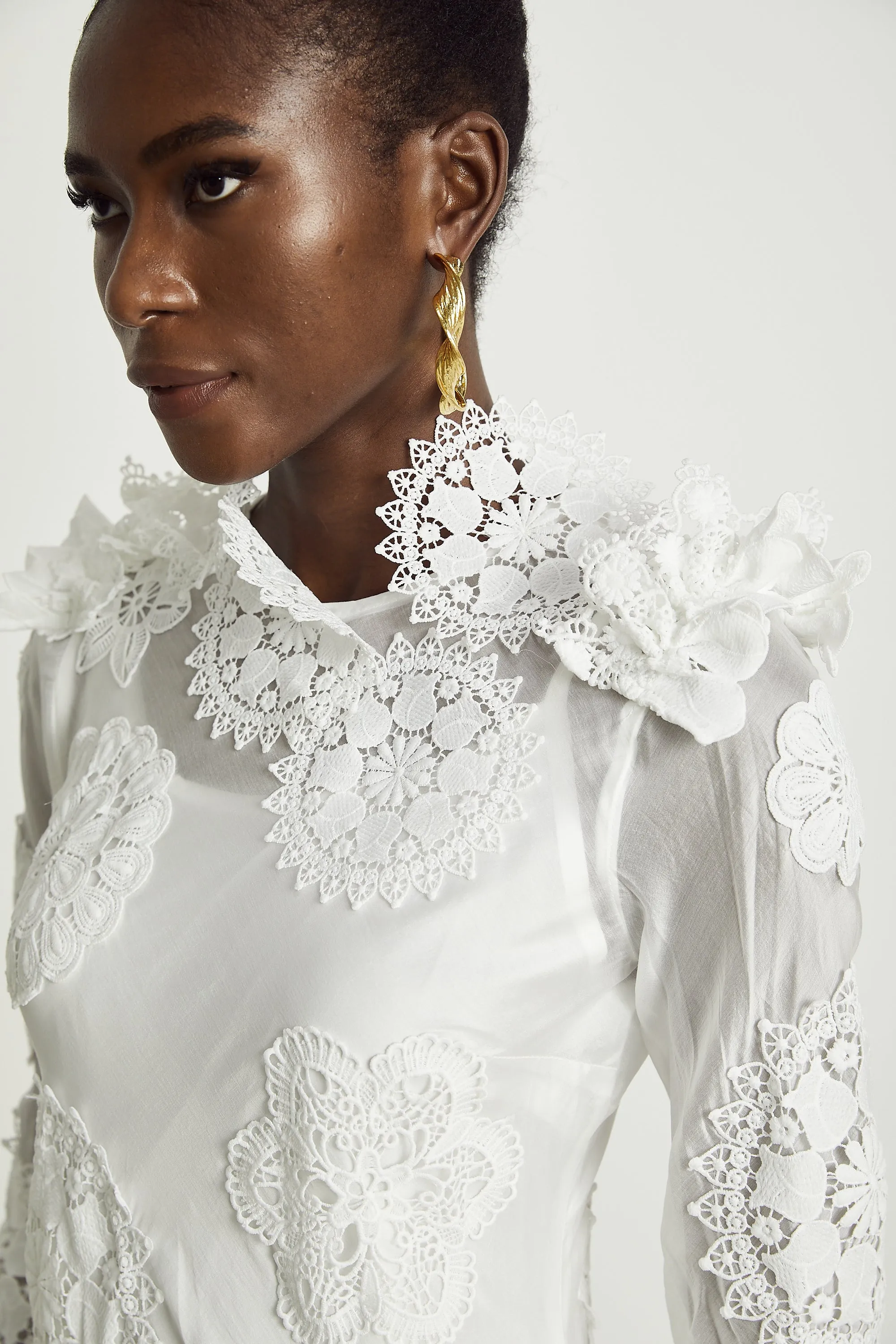 Rene lace floral embroidered semi-sheer midi dress Gloria Lanvin