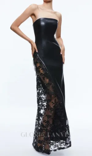 Retha Faux Leather Lace Maxi Dress in black Gloria Lanvin