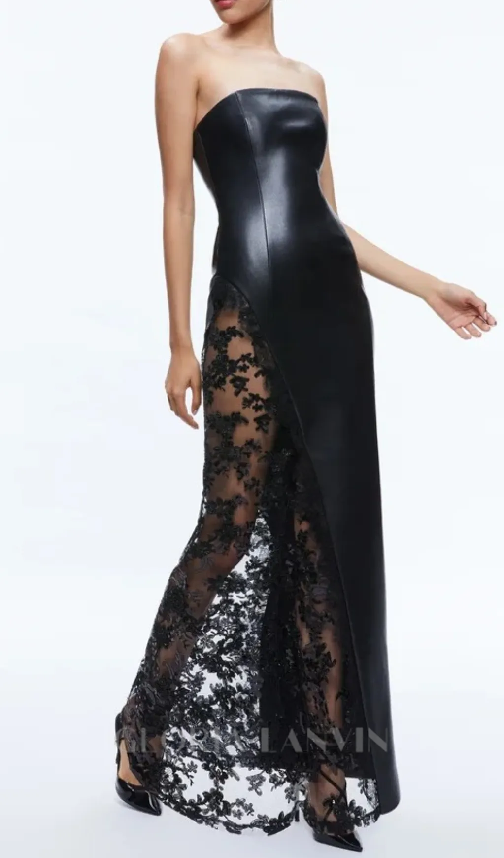 Retha Faux Leather Lace Maxi Dress in black Gloria Lanvin