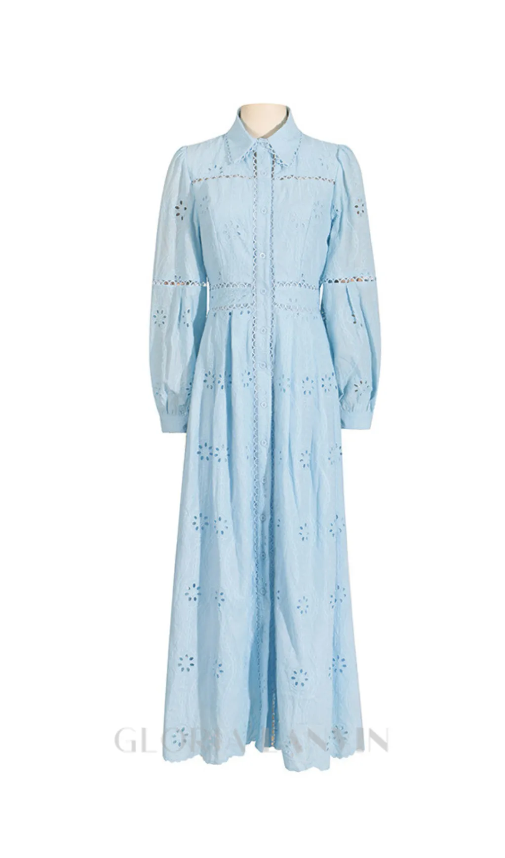 retro single-breasted hollow lace midi dress in blue Gloria Lanvin