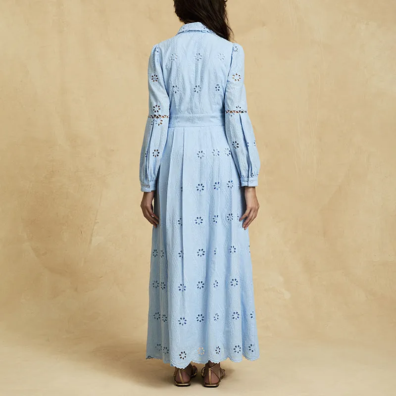retro single-breasted hollow lace midi dress in blue Gloria Lanvin