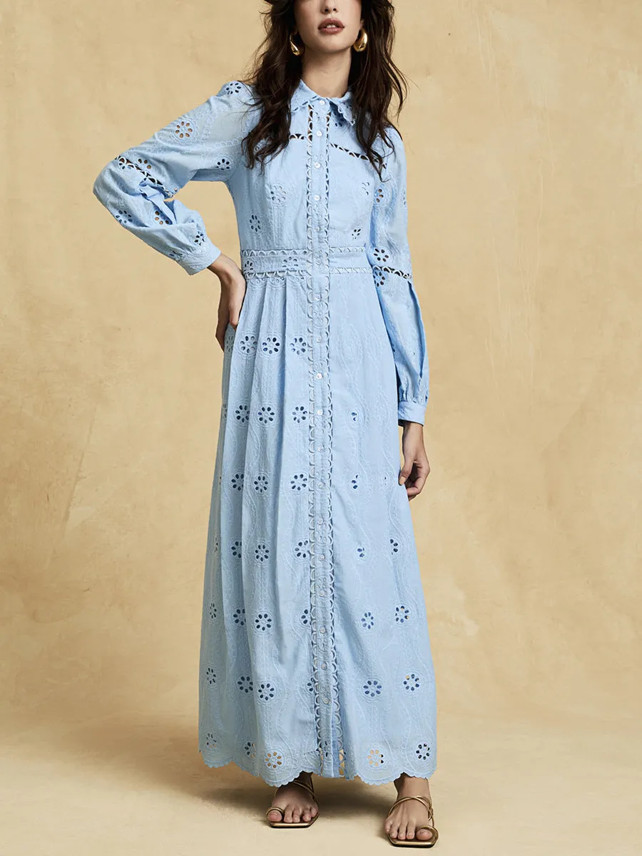 retro single-breasted hollow lace midi dress in blue Gloria Lanvin