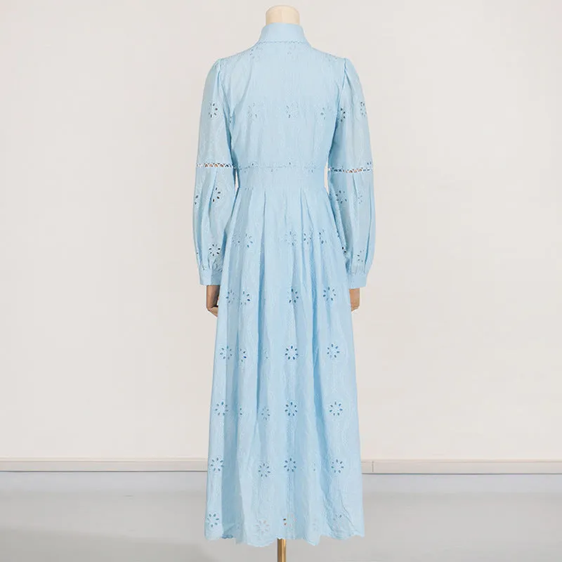 retro single-breasted hollow lace midi dress in blue Gloria Lanvin