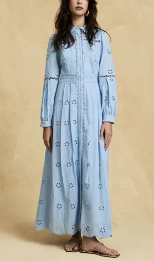 retro single-breasted hollow lace midi dress in blue Gloria Lanvin