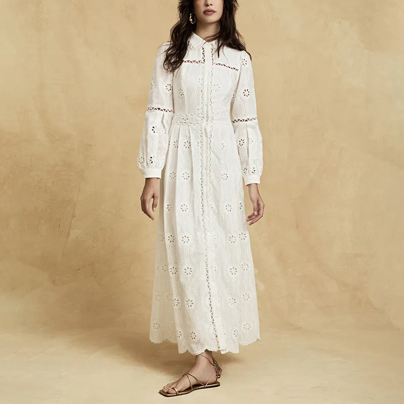 retro single-breasted hollow lace midi dress in white Gloria Lanvin