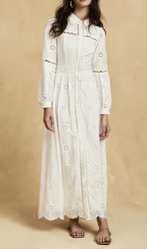 retro single-breasted hollow lace midi dress in white Gloria Lanvin