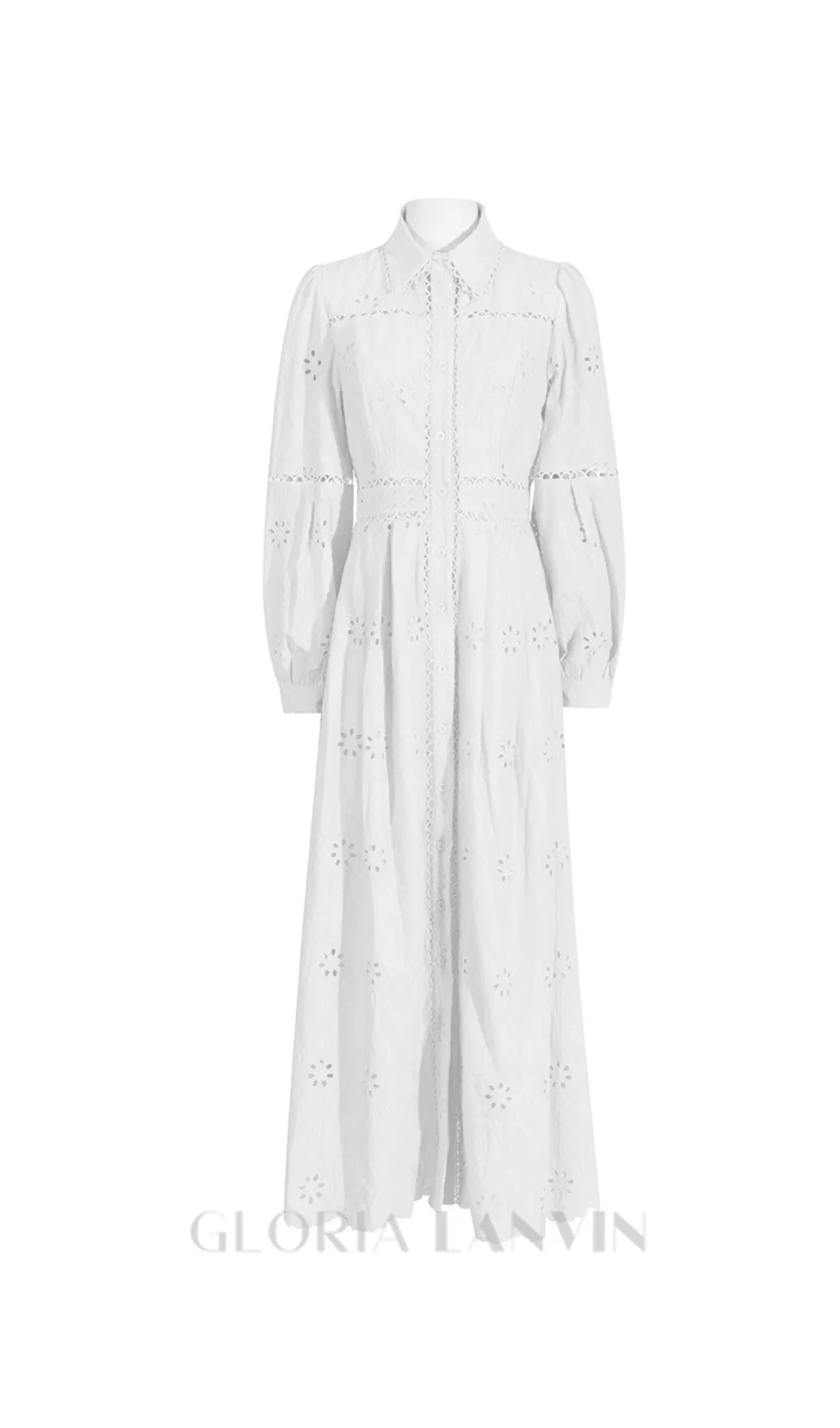 retro single-breasted hollow lace midi dress in white Gloria Lanvin