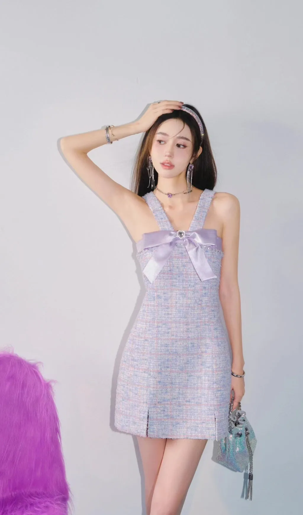 RHINESTONE BOWTIE TWEED MINI DRESS IN PURPLE Gloria Lanvin