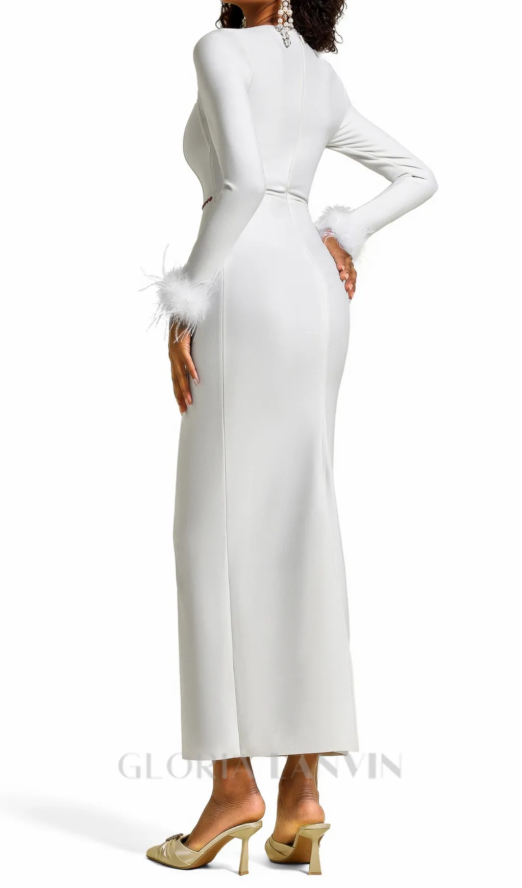 Rhinestone Cut-Out Feather Midi Dress in white Gloria Lanvin