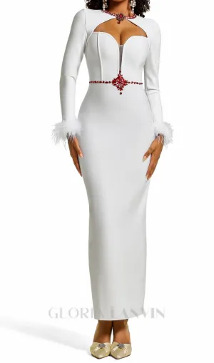 Rhinestone Cut-Out Feather Midi Dress in white Gloria Lanvin