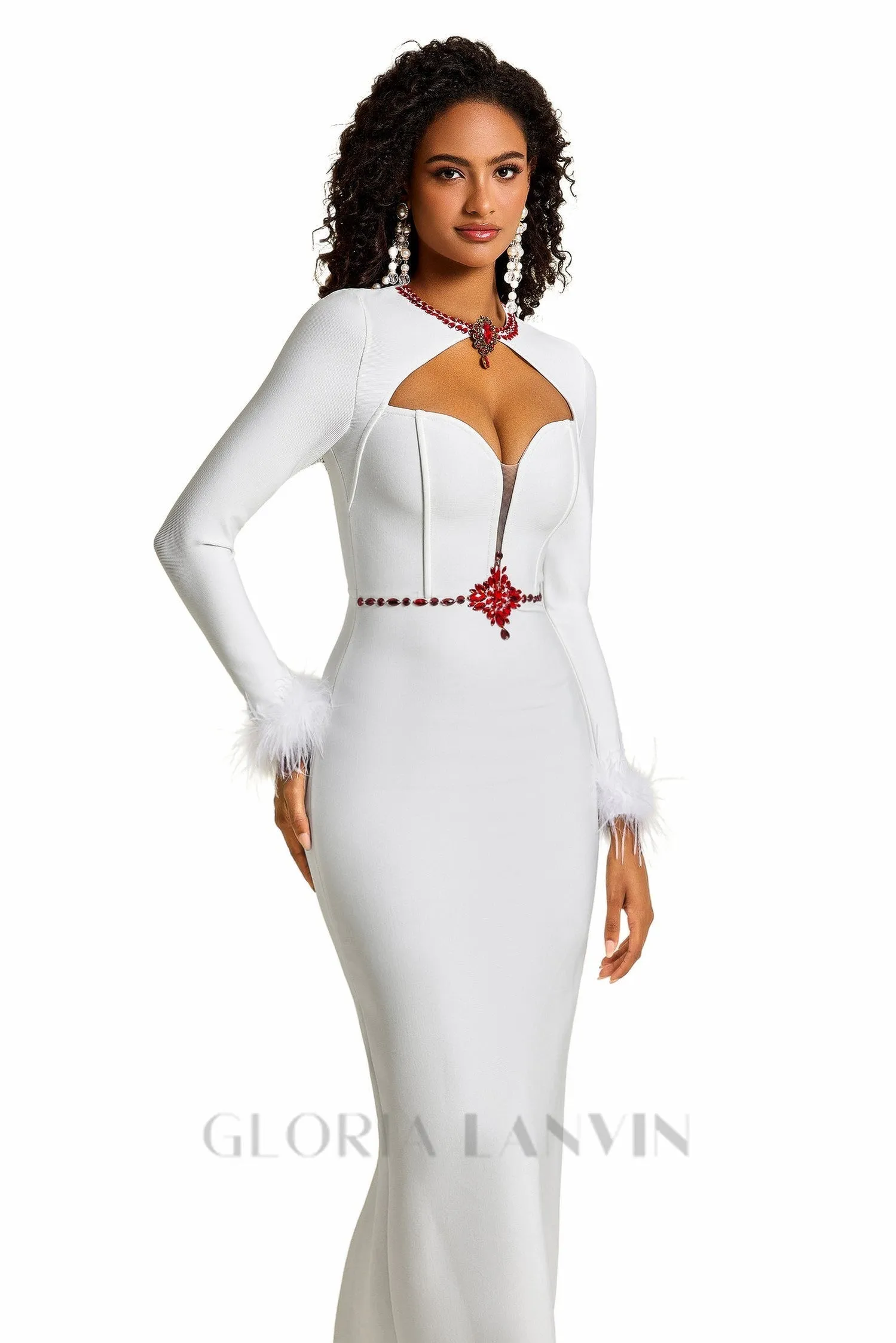 Rhinestone Cut-Out Feather Midi Dress in white Gloria Lanvin