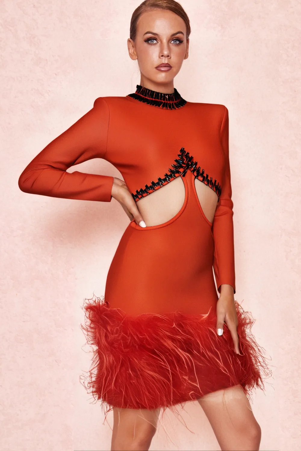 RHINESTONE CUTOUT FEATHER BANDAGE DRESS IN RED Gloria Lanvin