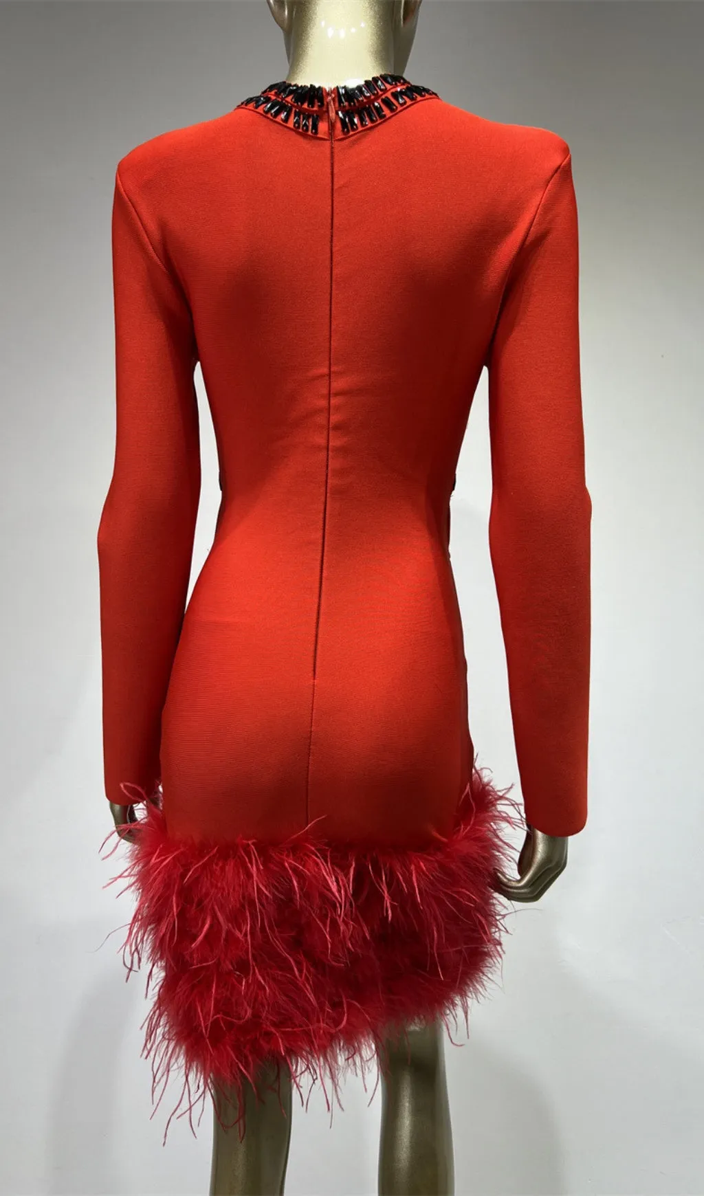 RHINESTONE CUTOUT FEATHER BANDAGE DRESS IN RED Gloria Lanvin