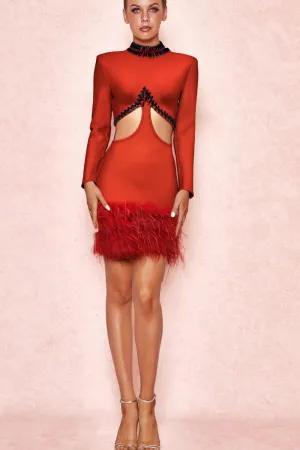 RHINESTONE CUTOUT FEATHER BANDAGE DRESS IN RED Gloria Lanvin