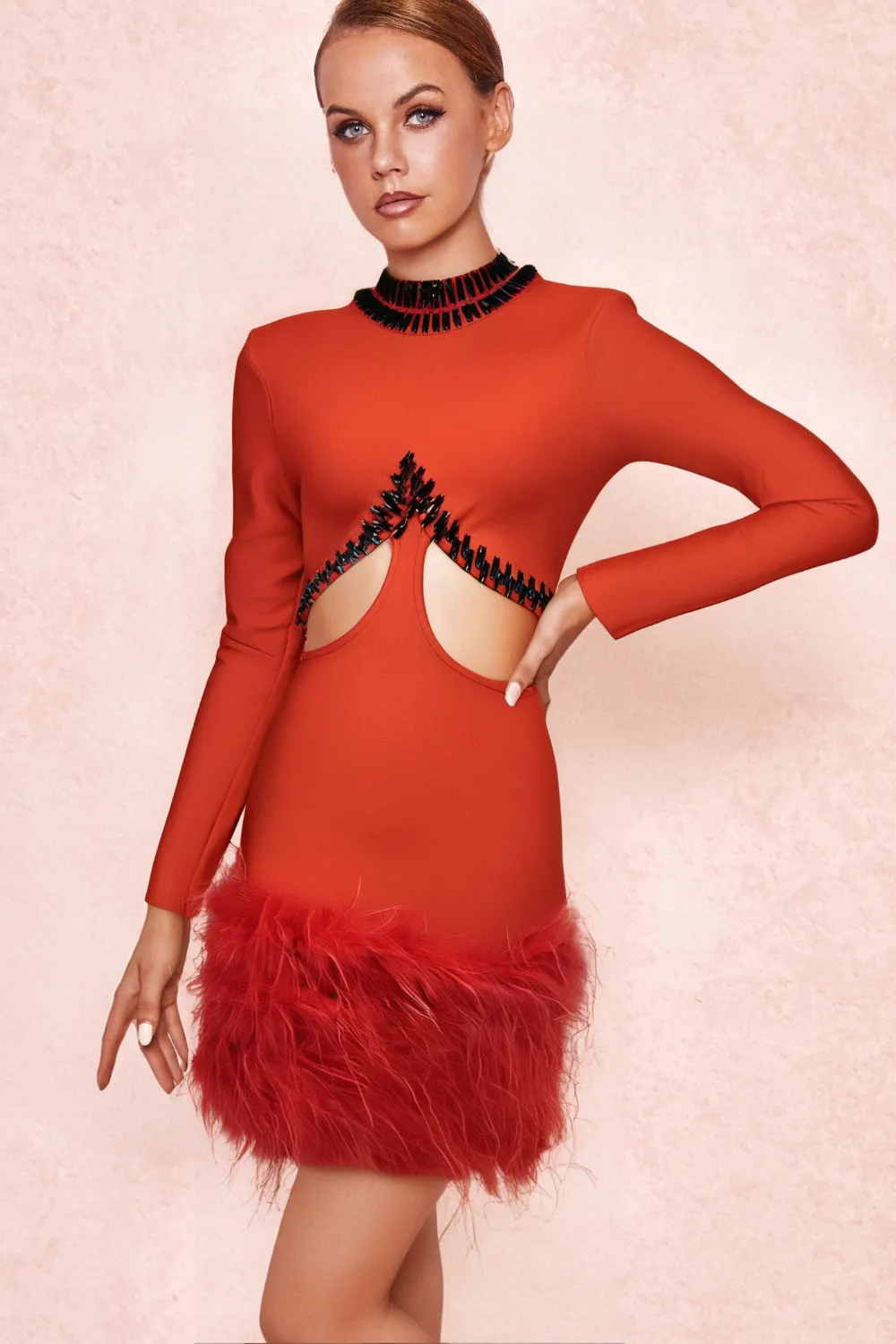 RHINESTONE CUTOUT FEATHER BANDAGE DRESS IN RED Gloria Lanvin