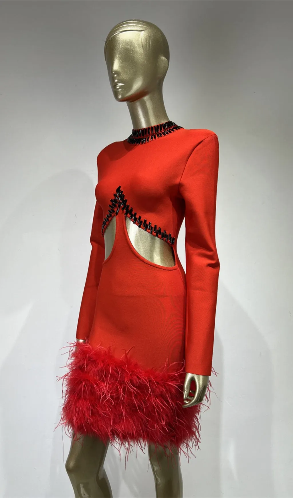 RHINESTONE CUTOUT FEATHER BANDAGE DRESS IN RED Gloria Lanvin