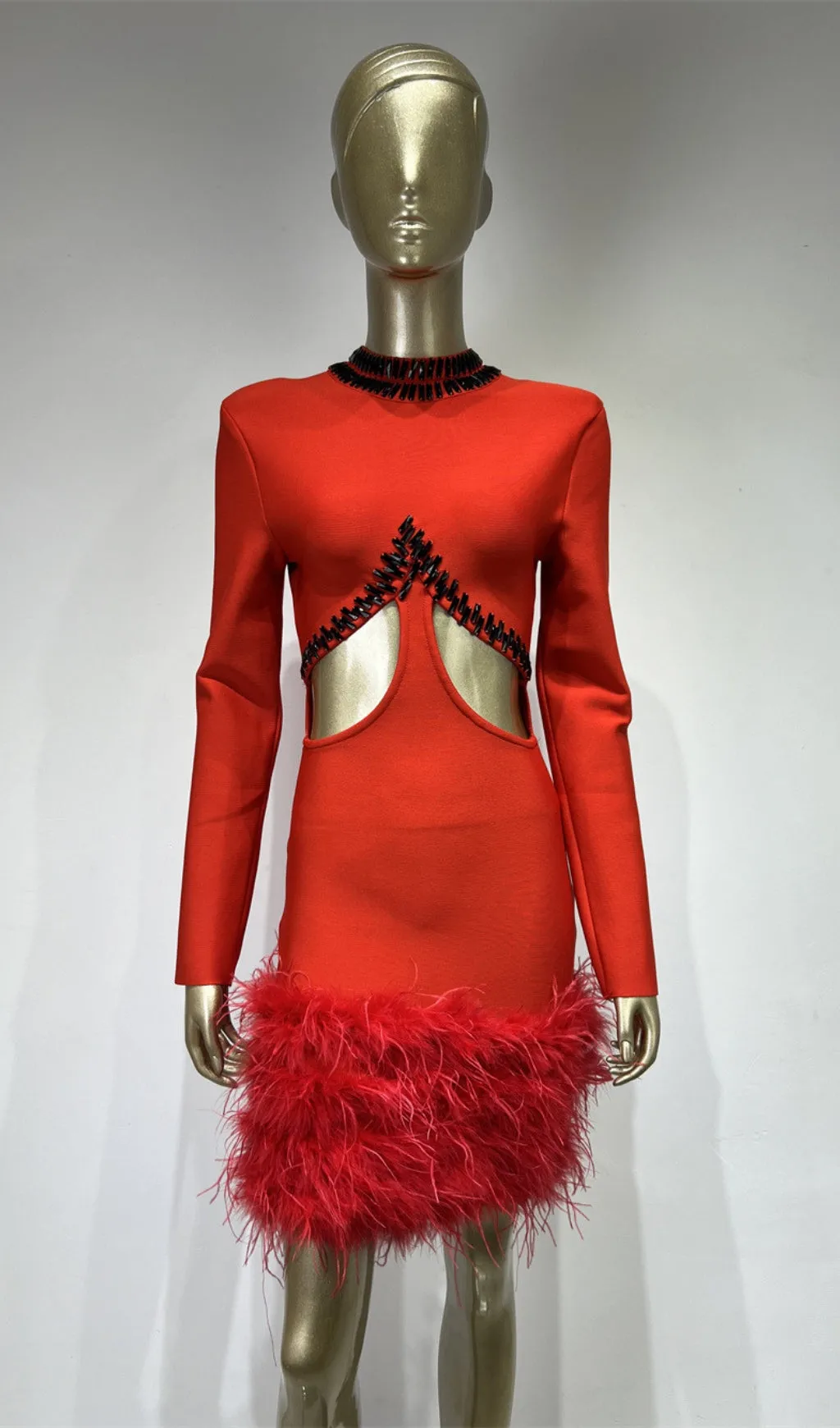 RHINESTONE CUTOUT FEATHER BANDAGE DRESS IN RED Gloria Lanvin
