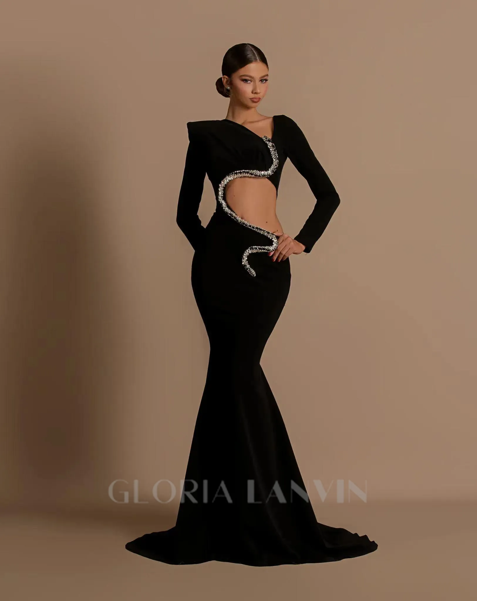 Rhinestone Embellished Floor-Length Dress in black Gloria Lanvin