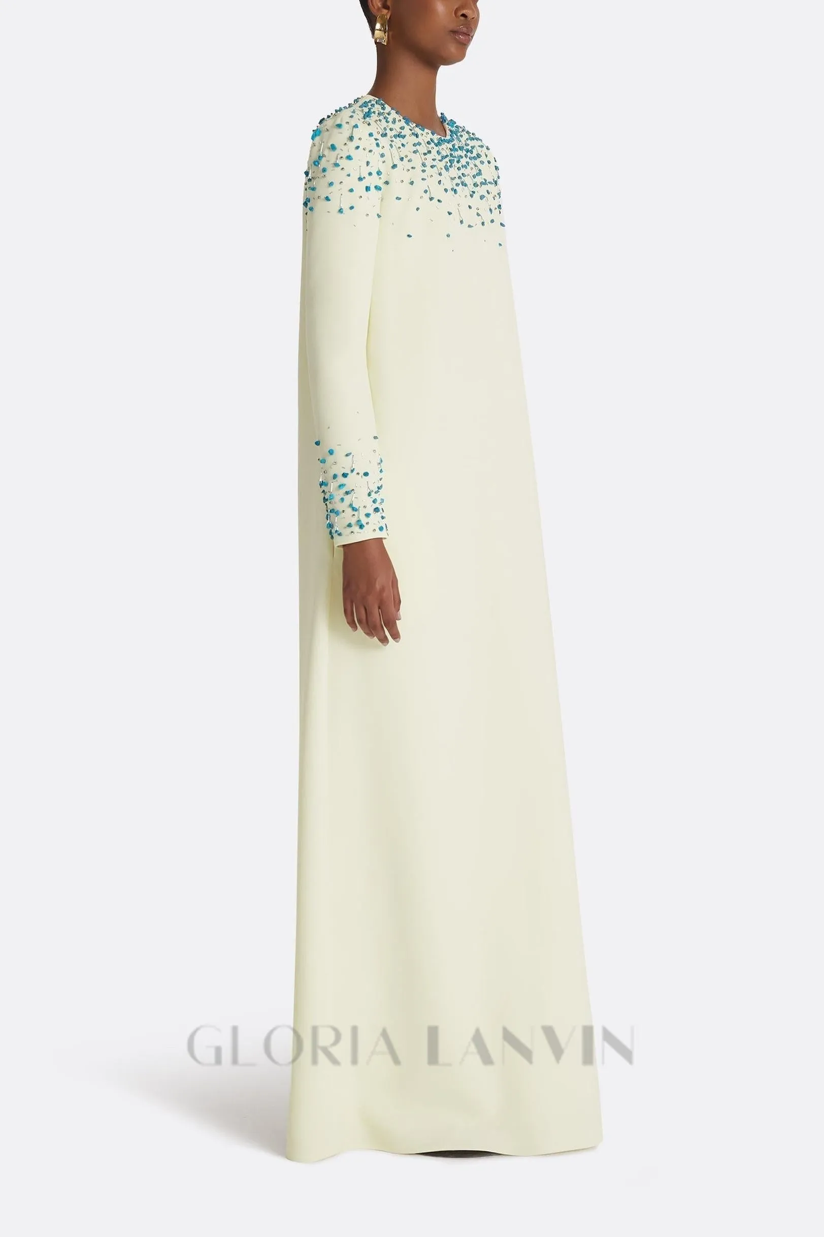 Rhinestone embellished Round Neck Maxi Dress in beige Gloria Lanvin