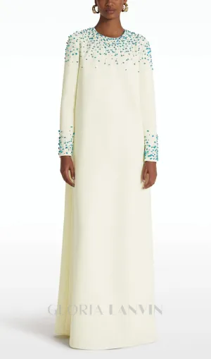 Rhinestone embellished Round Neck Maxi Dress in beige Gloria Lanvin