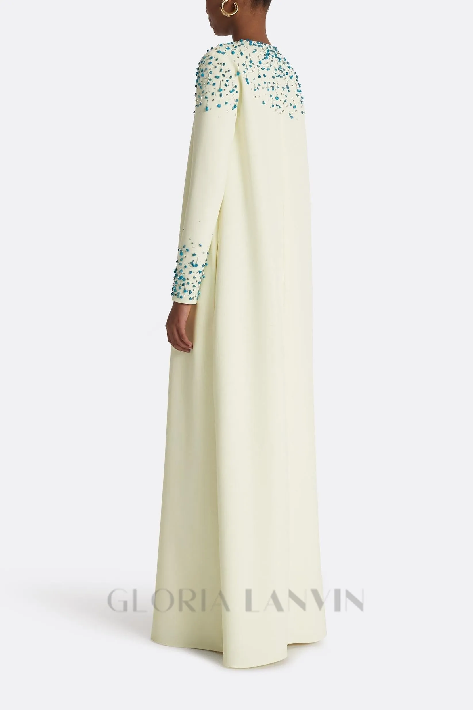 Rhinestone embellished Round Neck Maxi Dress in beige Gloria Lanvin