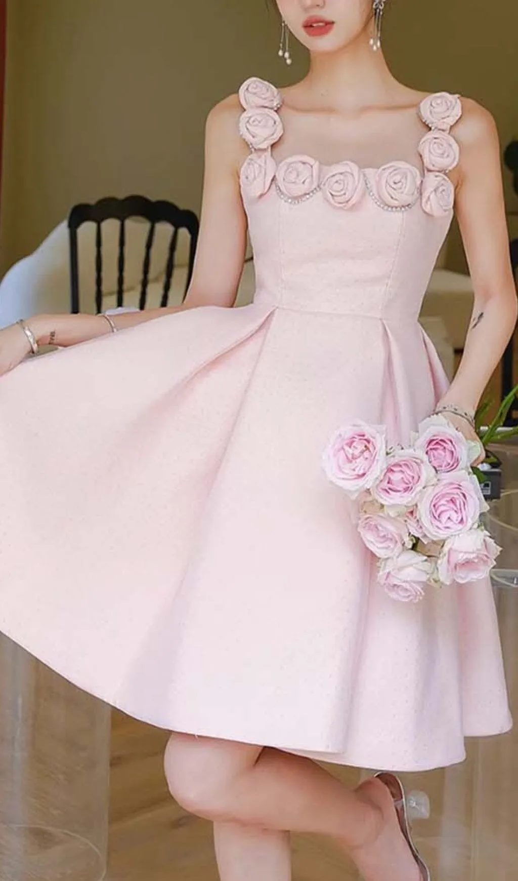 RHINESTONE ROSE APPLIQUE MINI DRESS IN PINK Gloria Lanvin