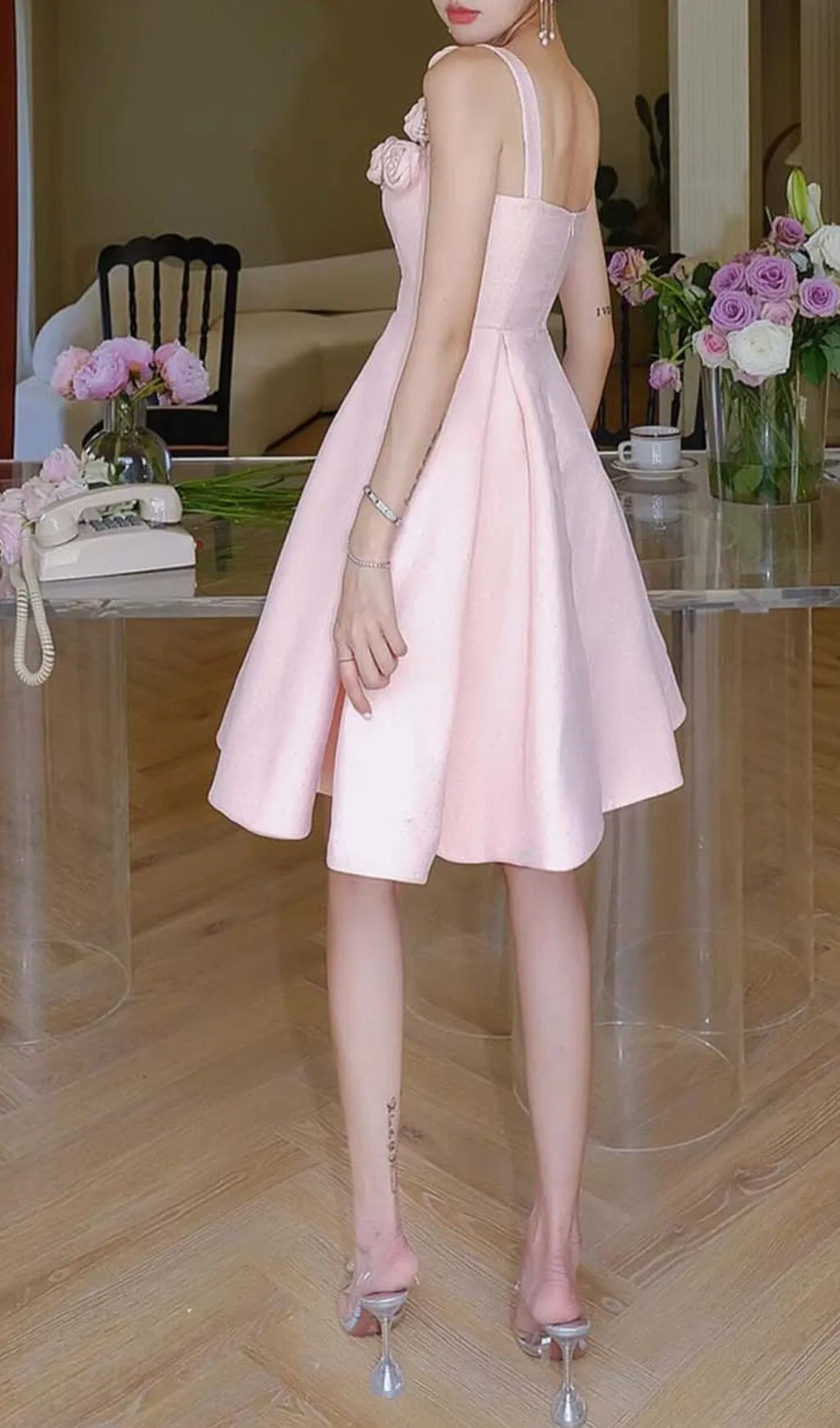 RHINESTONE ROSE APPLIQUE MINI DRESS IN PINK Gloria Lanvin