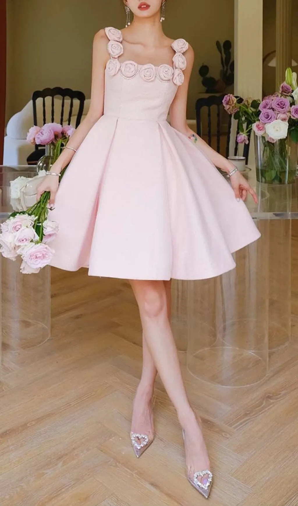 RHINESTONE ROSE APPLIQUE MINI DRESS IN PINK Gloria Lanvin