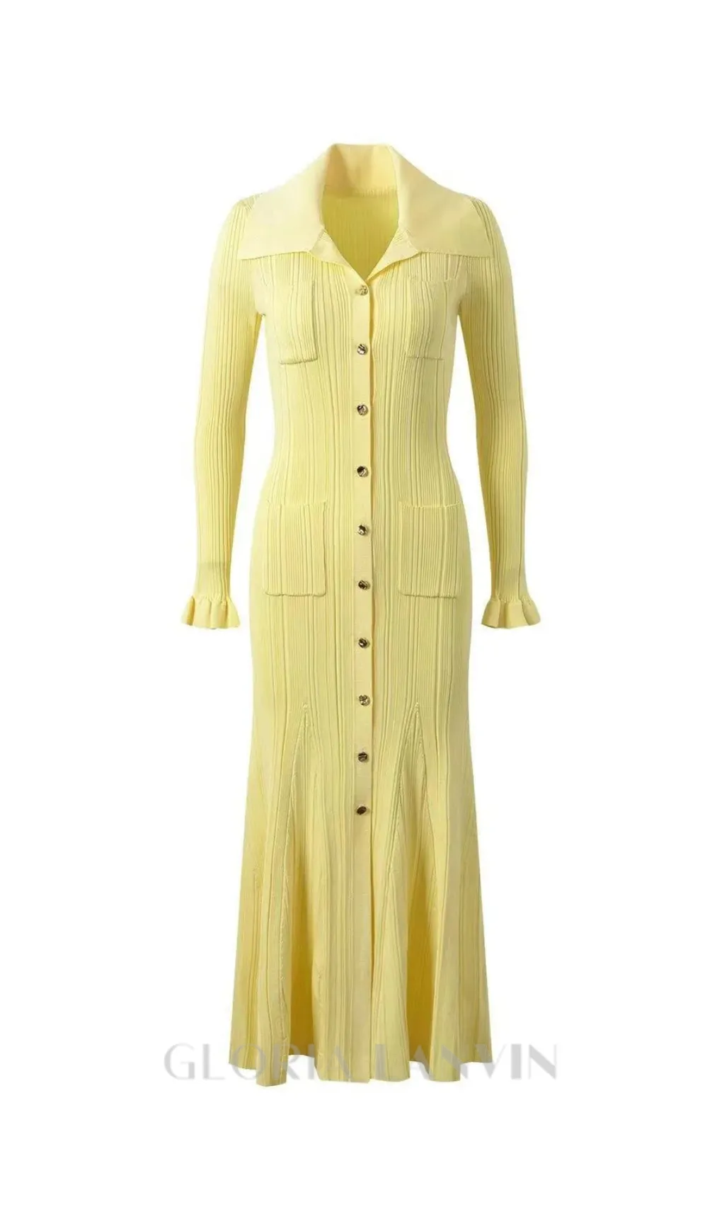 Rib-Knit Fluted Midi Shirt dress in yellow Gloria Lanvin
