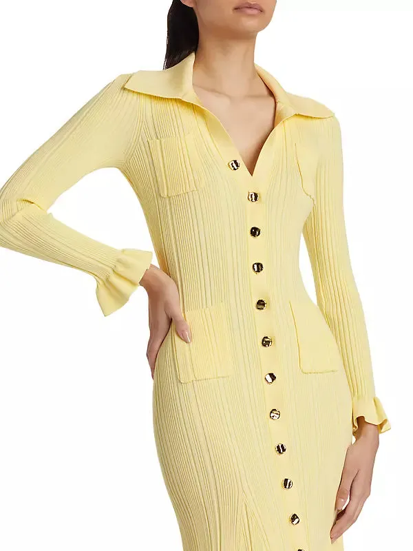 Rib-Knit Fluted Midi Shirt dress in yellow Gloria Lanvin